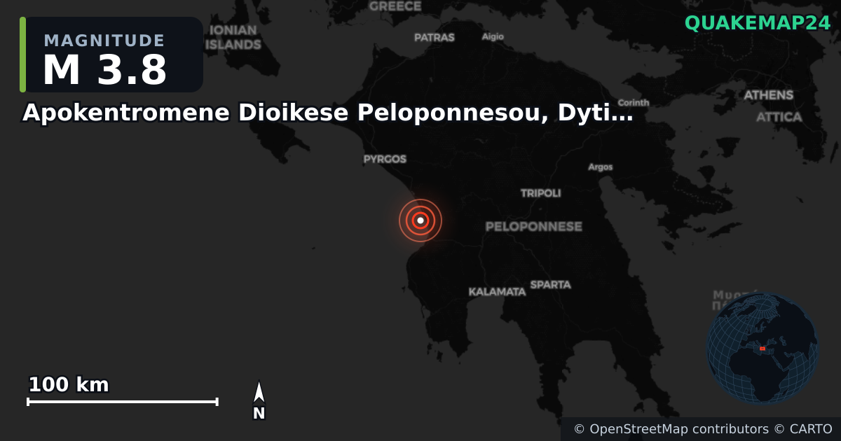 M3.8 earthquake near Apokentromene Dioikese Peloponnesou, Dytikes Elladas kai Ioniou on Nov 15, 2025 — map of epicenter and shaking intensity | QuakeMap24