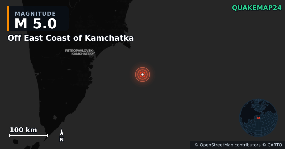 M5.0 Earthquake near Off East Coast of Kamchatka · 2025-07-22 — Map showing the location of the epicenter