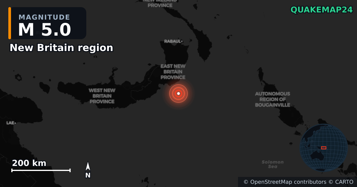 M5.0 earthquake near New Britain region on Mar 25, 2026 — map of epicenter and shaking intensity | QuakeMap24