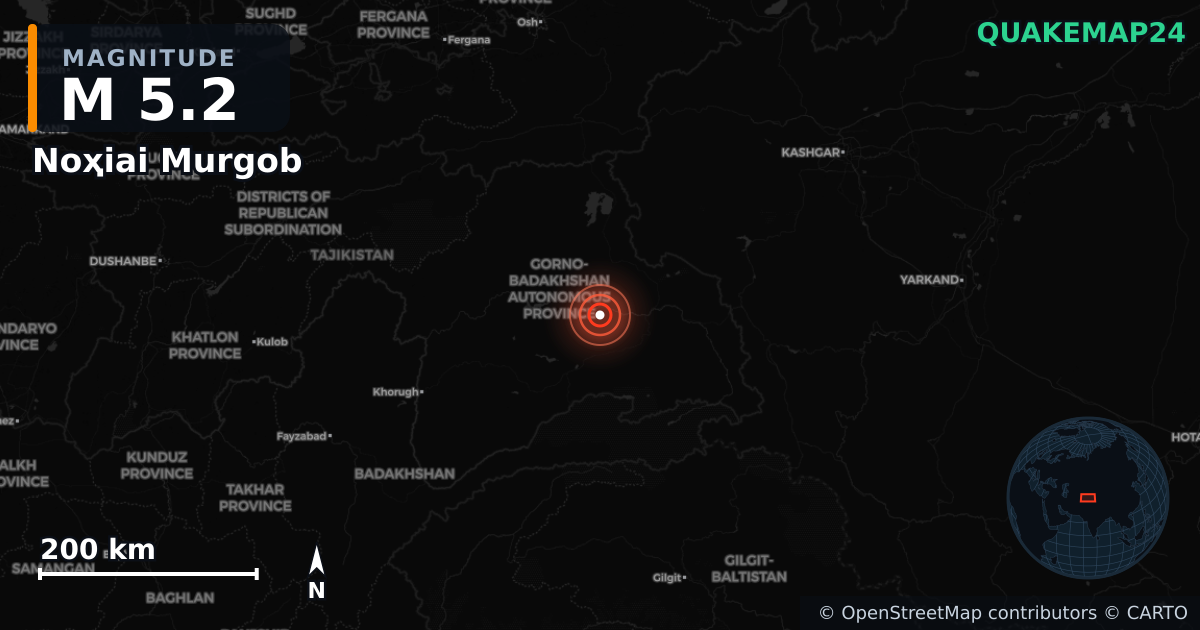 M5.2 earthquake near Noҳiai Murgob on Jan 8, 2026 — map of epicenter and shaking intensity | QuakeMap24