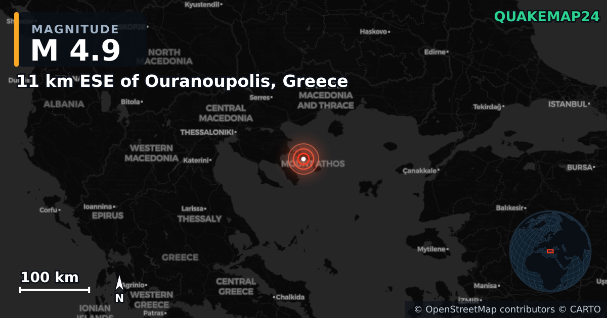 M4.9 earthquake near 11 km ESE of Ouranoupolis, Greece on Sep 22, 2025 — map of epicenter and shaking intensity | QuakeMap24