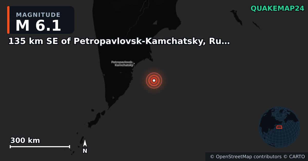 M6.1 earthquake near 135 km SE of Petropavlovsk-Kamchatsky, Russia on Nov 3, 2025 — map of epicenter and shaking intensity | QuakeMap24