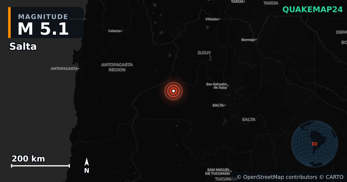 86 km W of San Antonio de los Cobres, Argentina (Arjantin) yakınında M5,1 deprem · 2025-09-04 — Deprem merkez üssünün konumunu gösteren harita