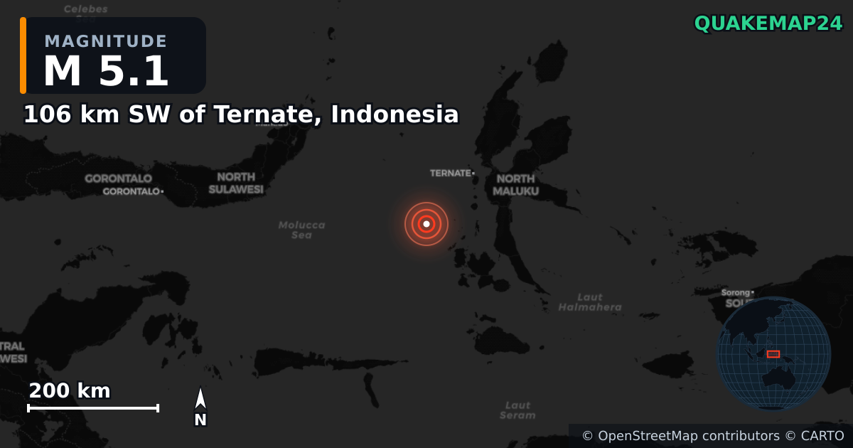 M5.1 earthquake near 106 km SW of Ternate, Indonesia on Jan 18, 2025 — map of epicenter and shaking intensity | QuakeMap24