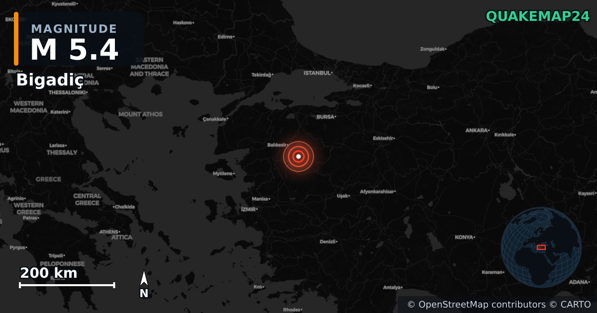 M5.4 earthquake near Bigadiç on Oct 27, 2025 — map of epicenter and shaking intensity | QuakeMap24
