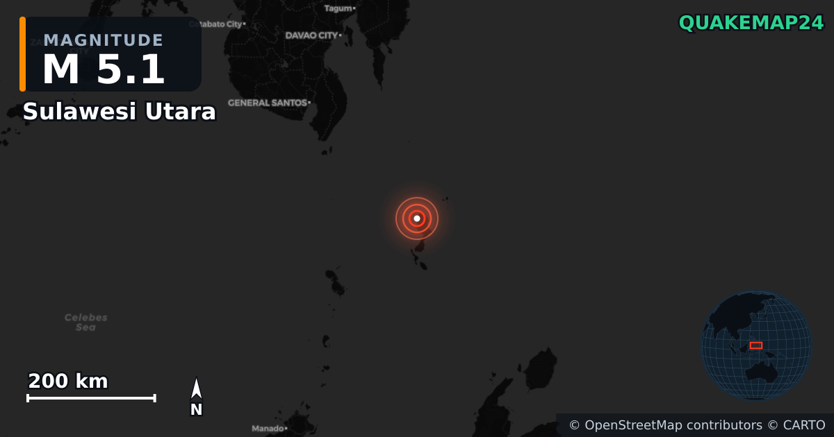 M5.1 earthquake near Sulawesi Utara on Jun 24, 2025 — map of epicenter and shaking intensity | QuakeMap24