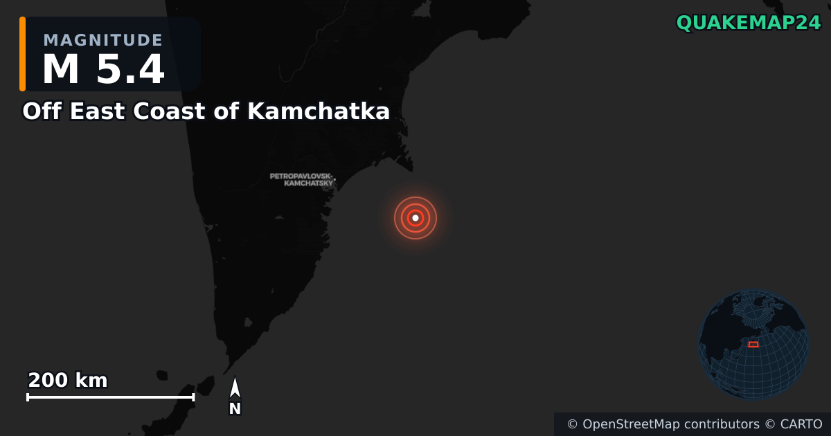M5.4 earthquake near Off East Coast of Kamchatka on Jun 10, 2026 — map of epicenter and shaking intensity | QuakeMap24