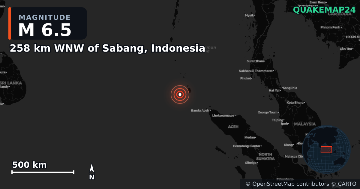M6.5 earthquake near 258 km WNW of Sabang, Indonesia on Jul 28, 2025 — map of epicenter and shaking intensity | QuakeMap24
