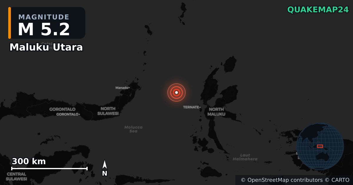 M5.2 earthquake near Maluku Utara on Jul 14, 2025 — map of epicenter and shaking intensity | QuakeMap24