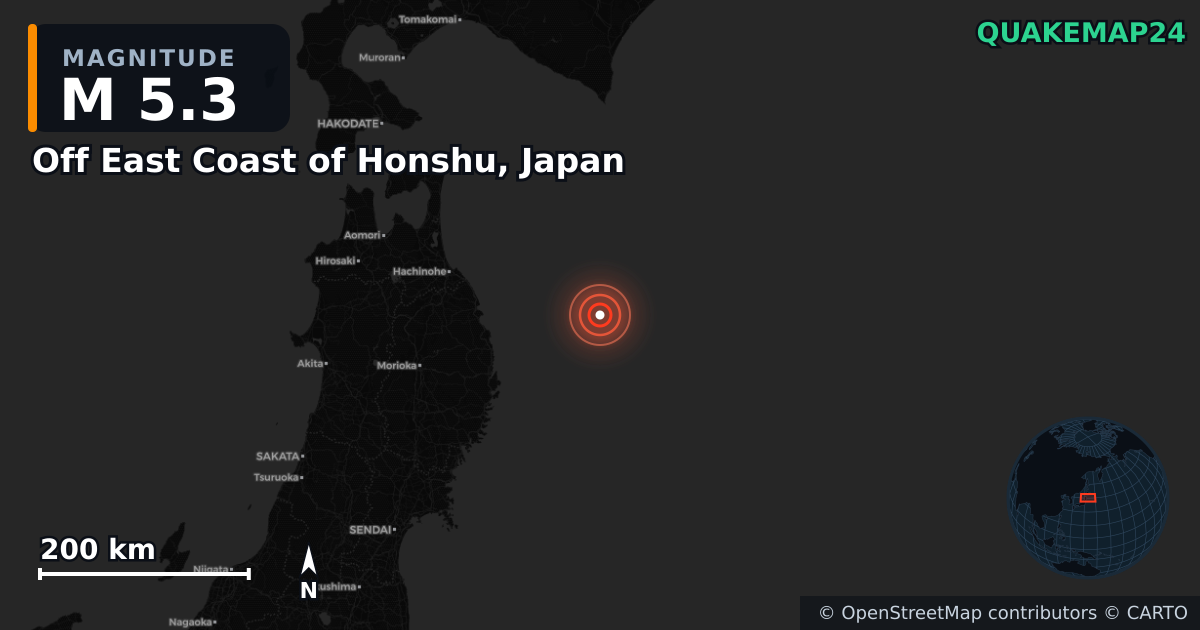 M5.3 earthquake near Off East Coast of Honshu, Japan on Apr 21, 2026 — map of epicenter and shaking intensity | QuakeMap24