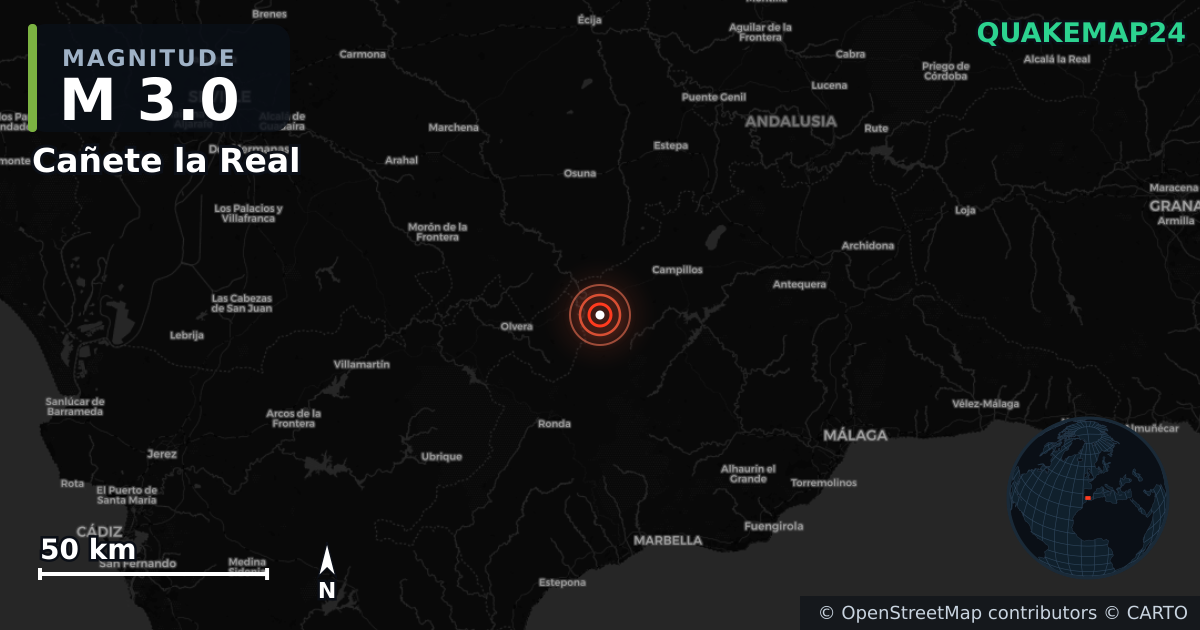M3.0 earthquake near Cañete la Real on Feb 20, 2026 — map of epicenter and shaking intensity | QuakeMap24