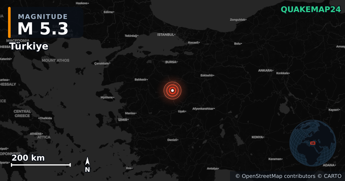 Türkiye yakınında M5,3 deprem — Deprem merkez üssünün konumunu gösteren harita