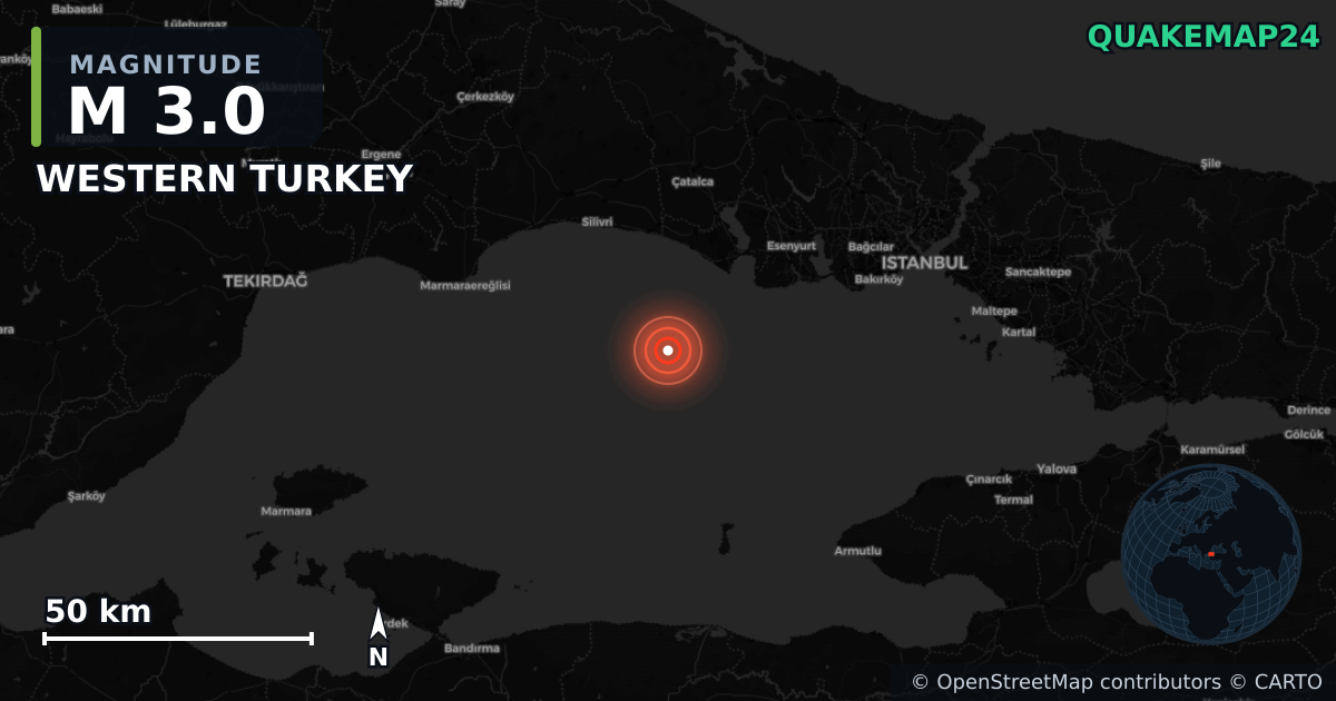 M3.0 earthquake near WESTERN TURKEY on Jun 12, 2025 — map of epicenter and shaking intensity | QuakeMap24