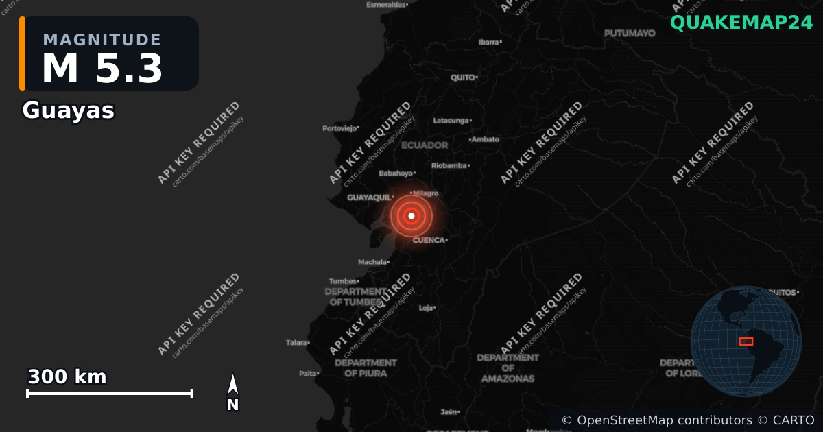 M5.3 earthquake near Guayas on Jun 21, 2025 — map of epicenter and shaking intensity | QuakeMap24