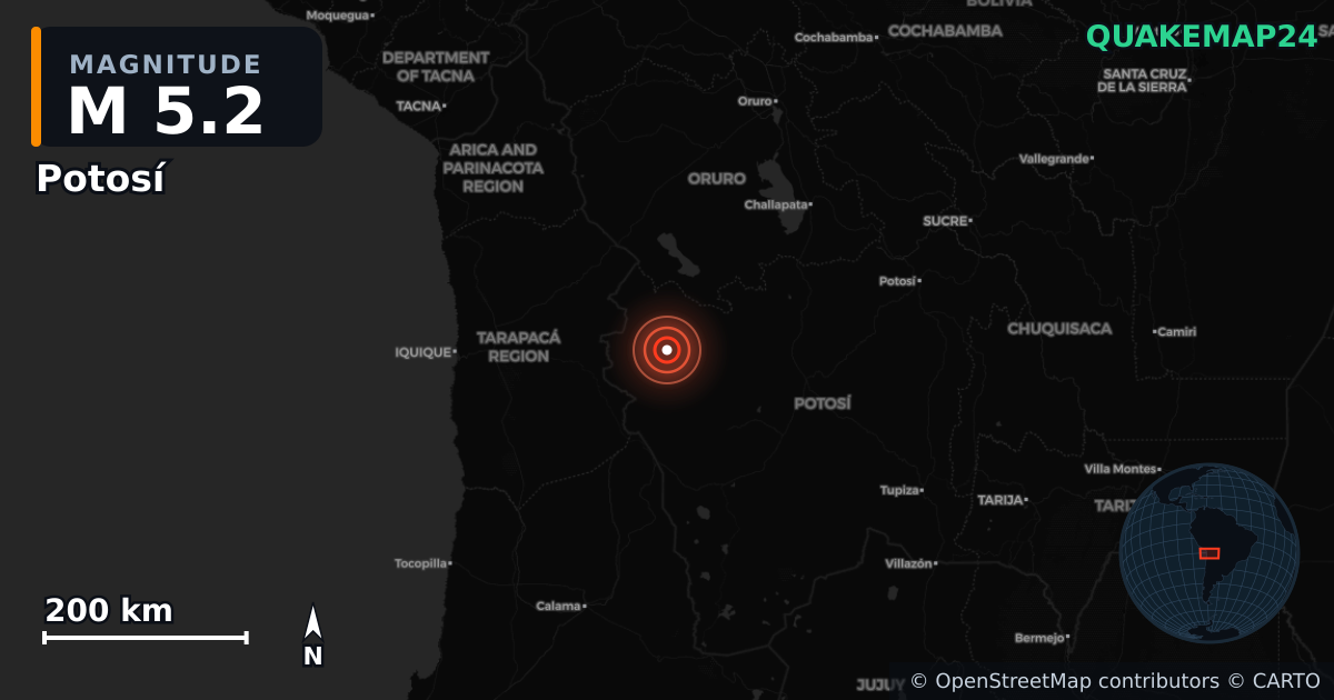 M5.2 earthquake near Potosí on Dec 20, 2025 — map of epicenter and shaking intensity | QuakeMap24