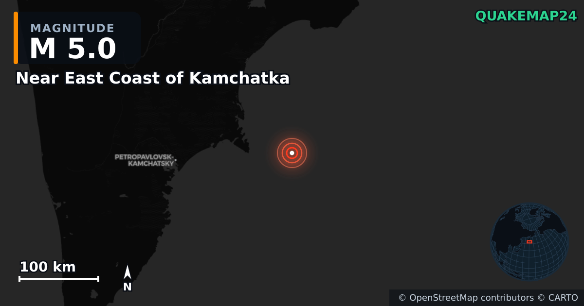 M5.0 earthquake near Near East Coast of Kamchatka on Sep 19, 2025 — map of epicenter and shaking intensity | QuakeMap24