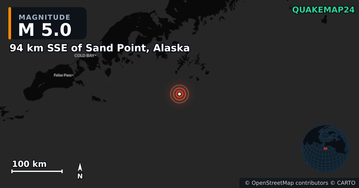 M5.0 earthquake near 94 km SSE of Sand Point, Alaska on Jul 17, 2025 — map of epicenter and shaking intensity | QuakeMap24