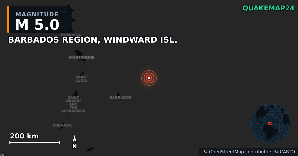 BARBADOS REGION, WINDWARD ISL. yakınında M5,0 deprem · 2025-11-11 — Deprem merkez üssünün konumunu gösteren harita