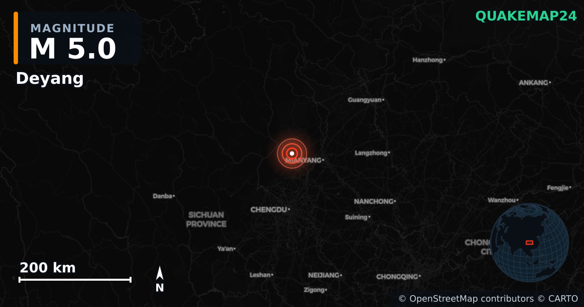 M5.0 earthquake near Deyang on Jul 5, 2026 — map of epicenter and shaking intensity | QuakeMap24