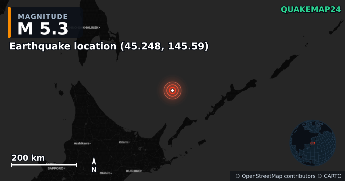 M5.3 earthquake near Local do sismo (45.248, 145.59) on Dec 2, 2025 — map of epicenter and shaking intensity | QuakeMap24