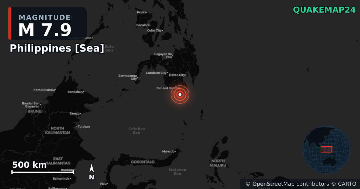 M7.9 earthquake near Philippines [Sea] on Jun 7, 2026 — map of epicenter and shaking intensity | QuakeMap24