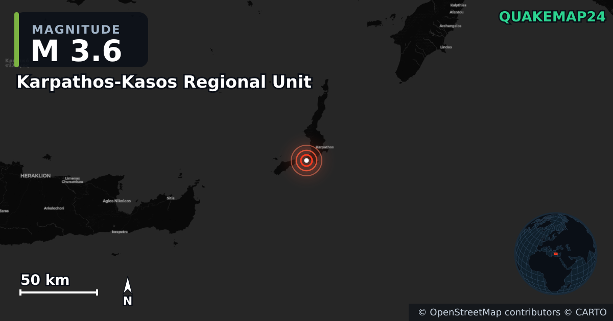 Σεισμός M3,6 κοντά στο Karpathos-Kasos Regional Unit, South Aegean (Ελλάδα) · 2026-10-09 — Χάρτης της θέσης του επικέντρου
