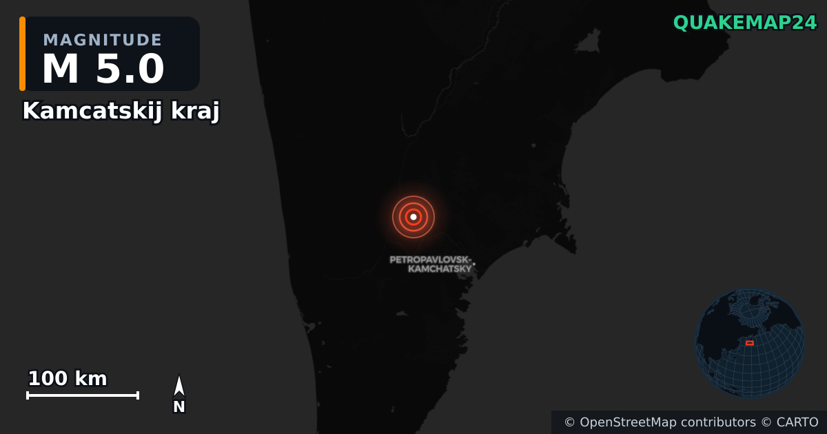 M5.0 earthquake near Kamcatskij kraj on Sep 10, 2025 — map of epicenter and shaking intensity | QuakeMap24