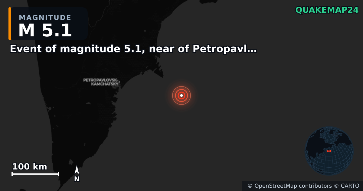 M5.1 earthquake near Event of magnitude 5.1, near of Petropavlovsk Kamchatskiy (Monde) on Sep 18, 2025 — map of epicenter and shaking intensity | QuakeMap24
