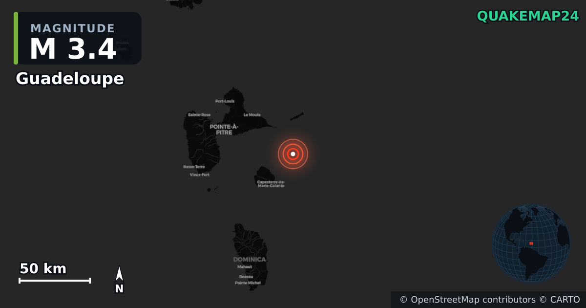 M3.4 earthquake near Guadeloupe on Oct 4, 2025 — map of epicenter and shaking intensity | QuakeMap24