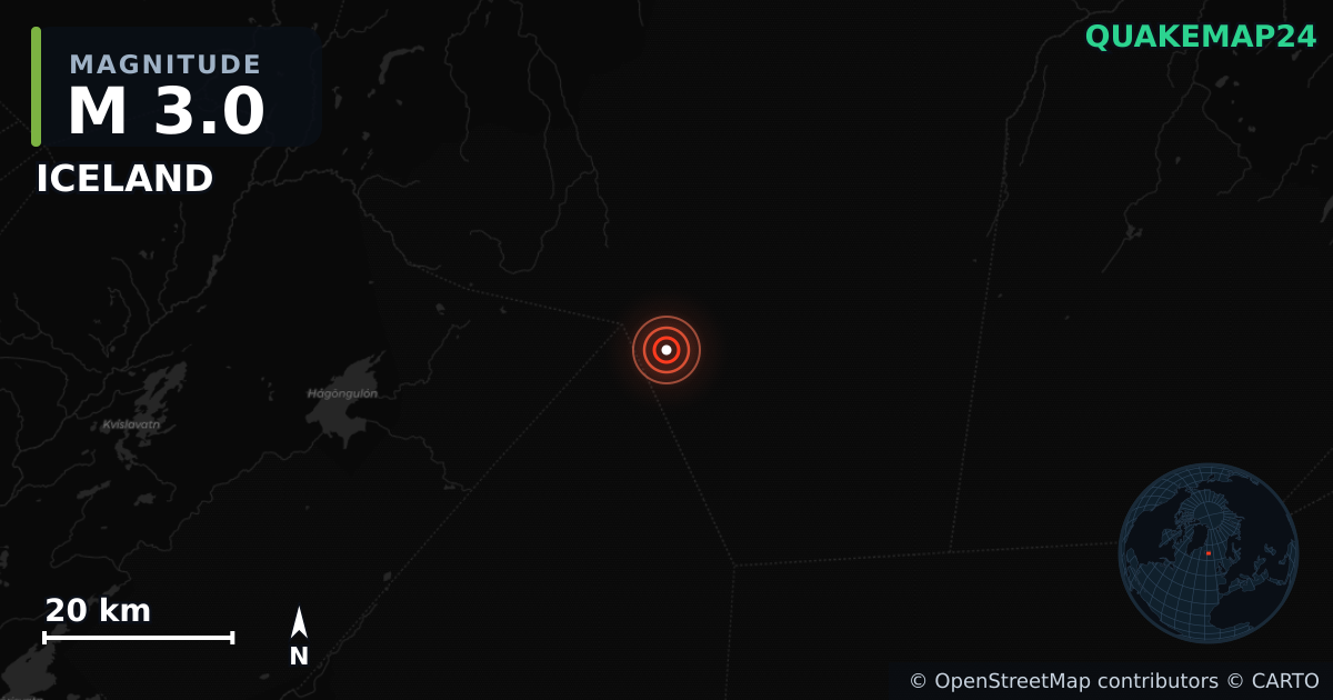 M3.0 earthquake near ICELAND on Sep 27, 2025 — map of epicenter and shaking intensity | QuakeMap24