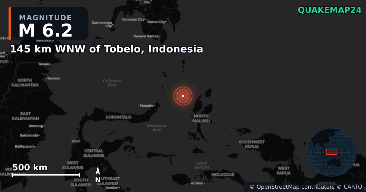 M6.2 earthquake near 145 km WNW of Tobelo, Indonesia on Apr 2, 2025 — map of epicenter and shaking intensity | QuakeMap24