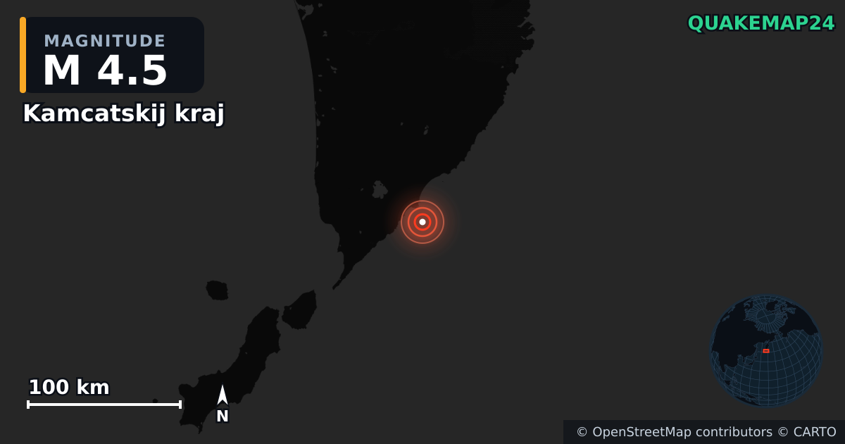 M4.5 earthquake near Kamcatskij kraj on Sep 7, 2025 — map of epicenter and shaking intensity | QuakeMap24