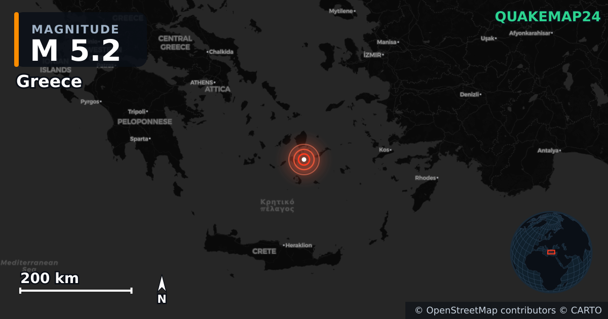 M5.2 earthquake near Greece on Feb 17, 2025 — map of epicenter and shaking intensity | QuakeMap24
