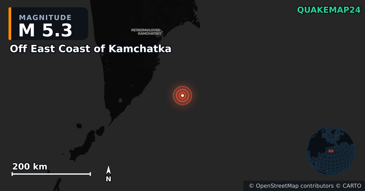 M5.3 earthquake near Off East Coast of Kamchatka on Sep 22, 2025 — map of epicenter and shaking intensity | QuakeMap24