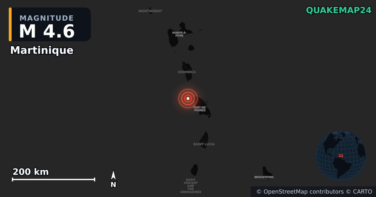 M4.6 earthquake near Martinique on Jun 6, 2025 — map of epicenter and shaking intensity | QuakeMap24