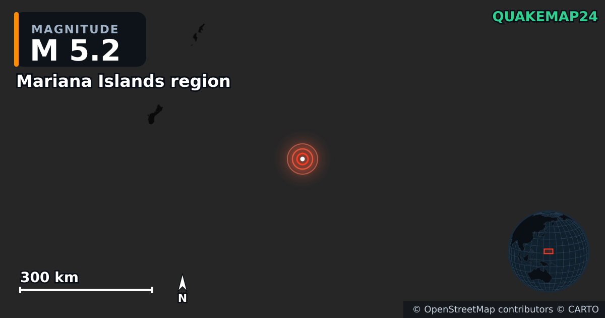 Mariana Islands region yakınında M5,2 deprem · 2025-03-29 — Deprem merkez üssünün konumunu gösteren harita
