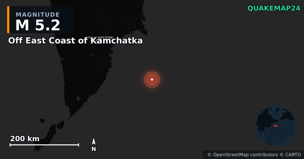 Off East Coast of Kamchatka yakınında M5,2 deprem — Deprem merkez üssünün konumunu gösteren harita