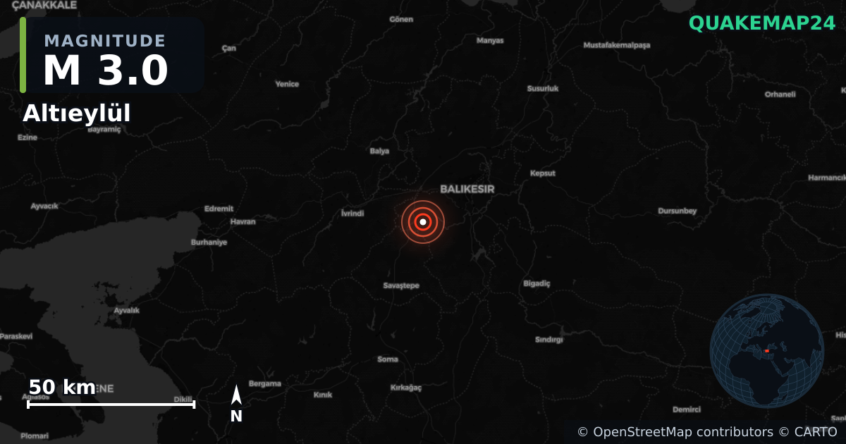 M3.0 earthquake near Altıeylül on Apr 8, 2026 — map of epicenter and shaking intensity | QuakeMap24