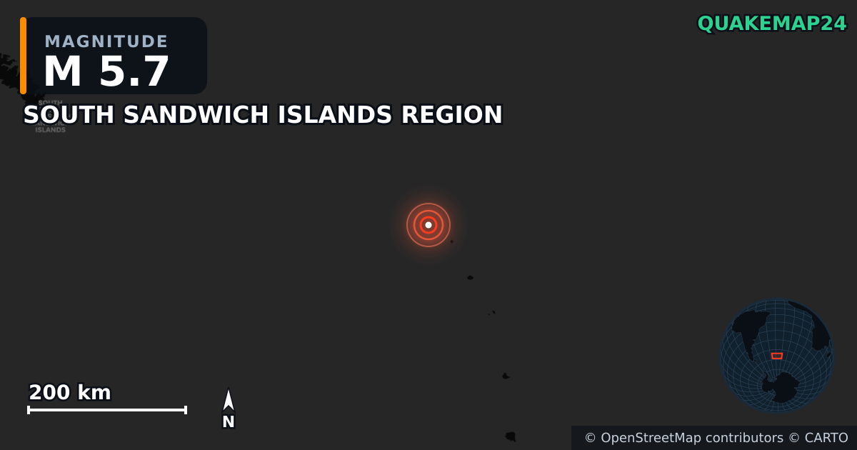 M5.7 earthquake near SOUTH SANDWICH ISLANDS REGION on May 20, 2026 — map of epicenter and shaking intensity | QuakeMap24