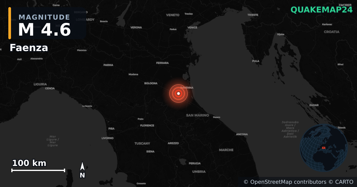 M4.6 earthquake near Faenza on Jan 13, 2026 — map of epicenter and shaking intensity | QuakeMap24