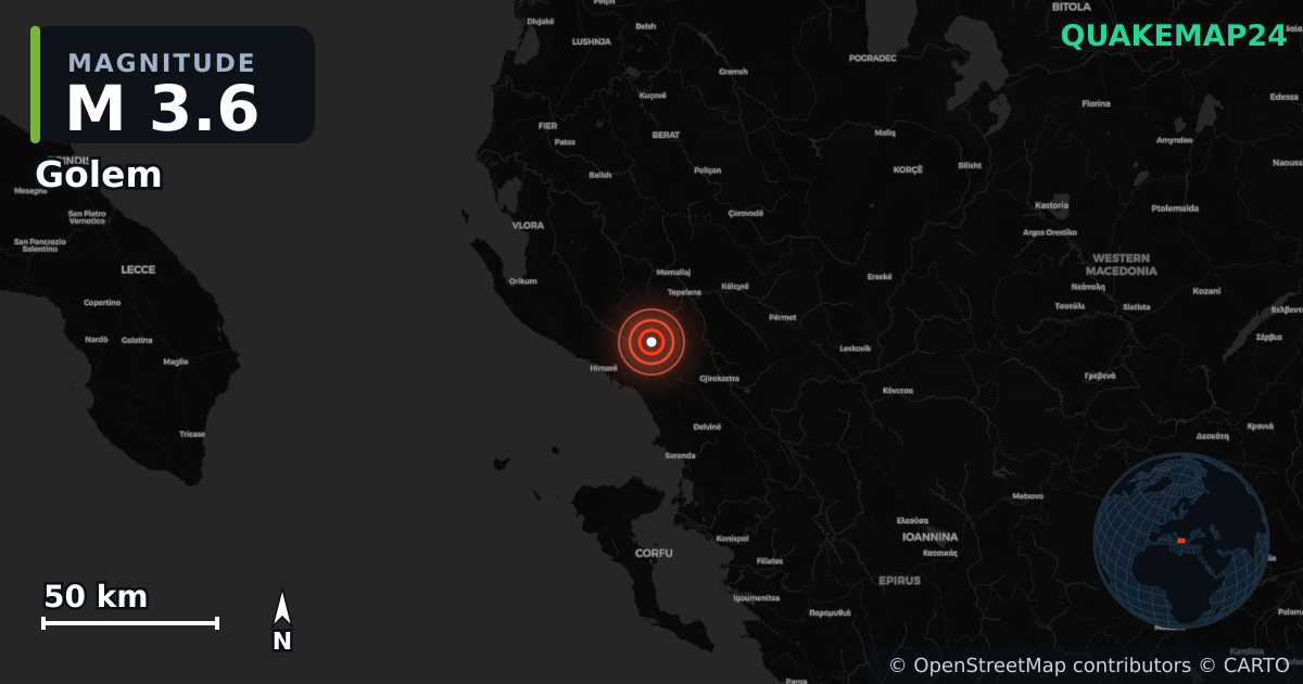 M3.6 earthquake near Golem on Jun 19, 2026 — map of epicenter and shaking intensity | QuakeMap24