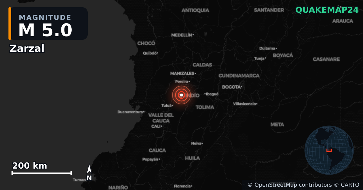 M5.0 earthquake near Zarzal on Aug 11, 2025 — map of epicenter and shaking intensity | QuakeMap24