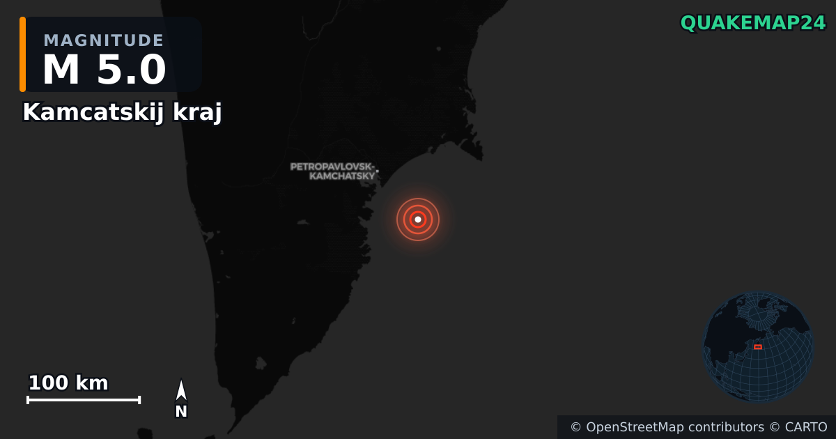 M5.0 earthquake near Kamcatskij kraj on Nov 20, 2025 — map of epicenter and shaking intensity | QuakeMap24