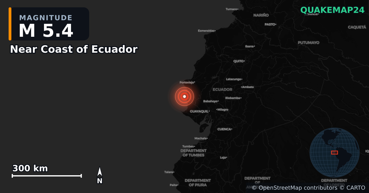 M5.4 earthquake near Near Coast of Ecuador on Sep 5, 2025 — map of epicenter and shaking intensity | QuakeMap24