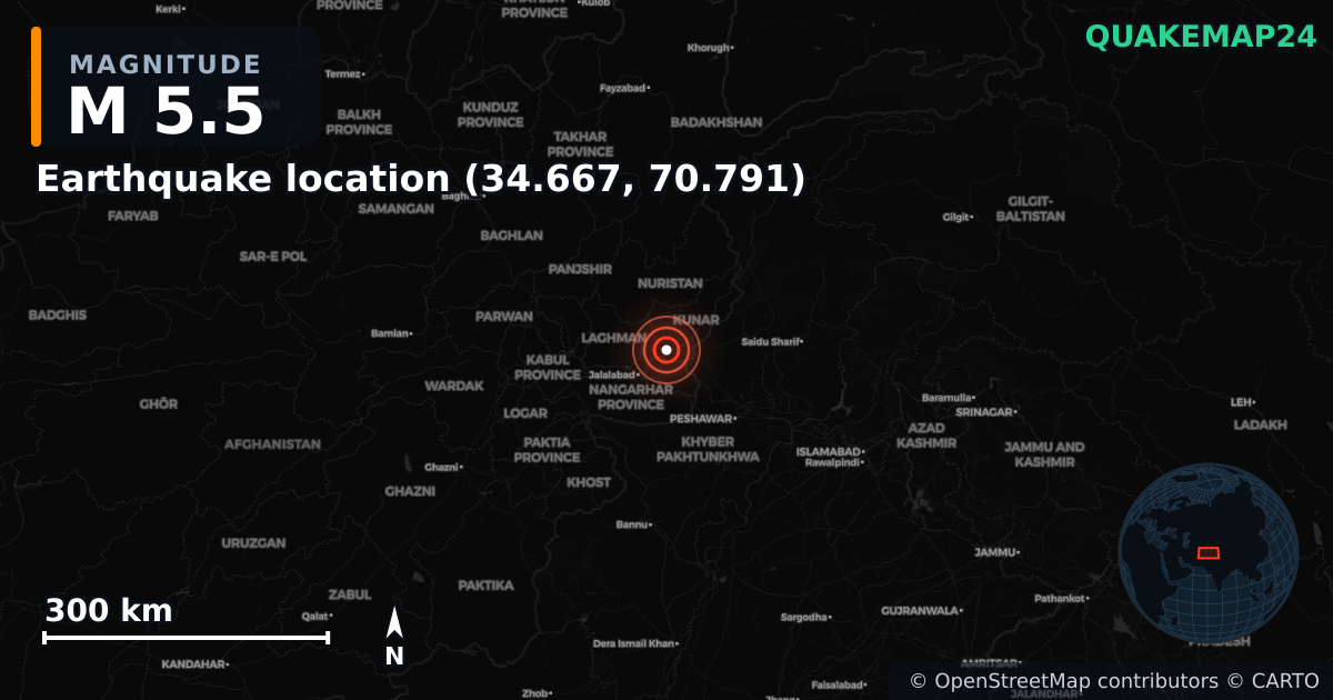M5.5 earthquake near Earthquake location (34.667, 70.791) on Sep 5, 2025 — map of epicenter and shaking intensity | QuakeMap24