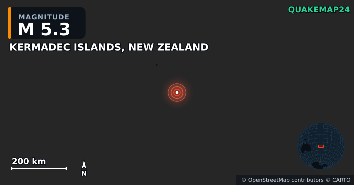 M5.3 earthquake near KERMADEC ISLANDS, NEW ZEALAND on May 19, 2025 — map of epicenter and shaking intensity | QuakeMap24