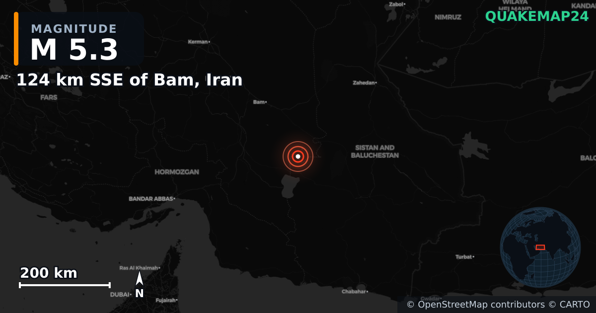M5.3 earthquake near 124 km SSE of Bam, Iran on Aug 5, 2025 — map of epicenter and shaking intensity | QuakeMap24