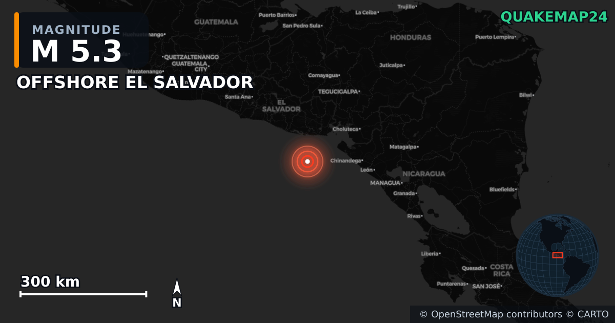 Erdbeben M5,3 bei OFFSHORE EL SALVADOR — Karte der Lage des Epizentrums