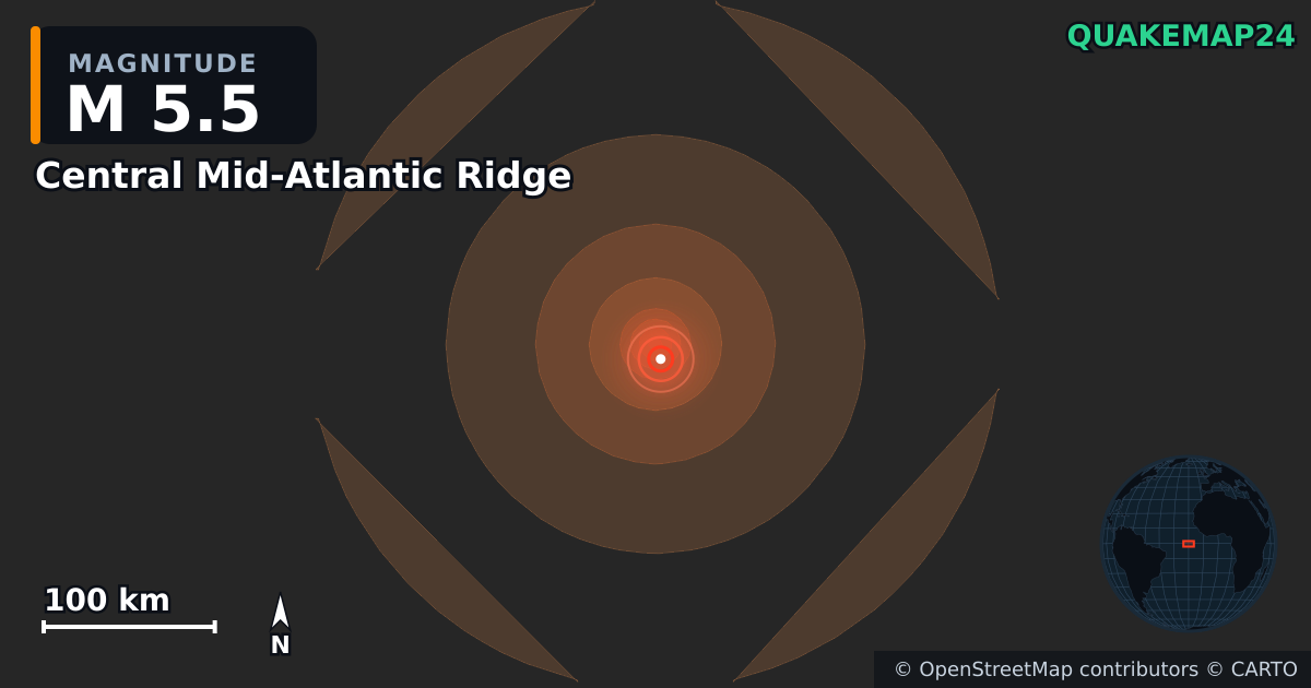 M5.5 Earthquake near Central Mid-Atlantic Ridge · 2026-06-18 — Map showing the location of the epicenter