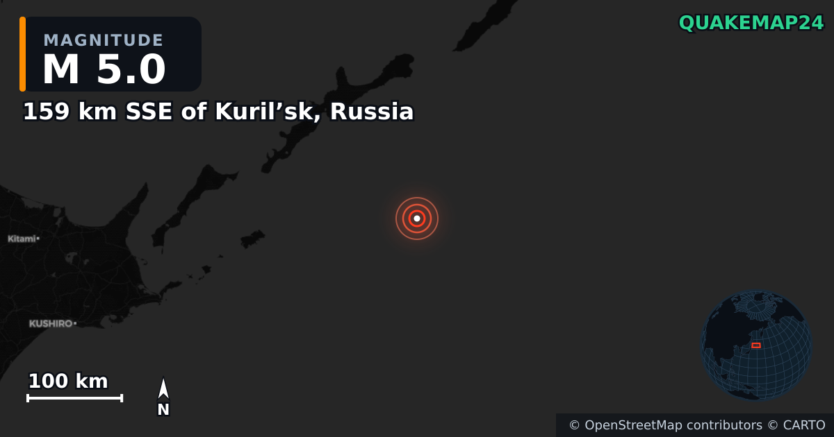 M5.0 earthquake near 159 km SSE of Kuril’sk, Russia on Feb 12, 2026 — map of epicenter and shaking intensity | QuakeMap24